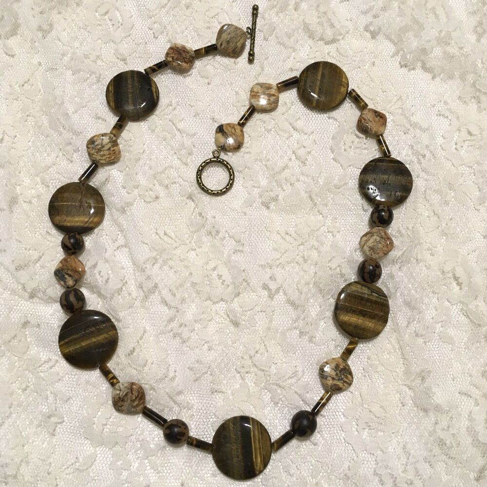 Tigers Eye Stone Bead Necklace Toggle Clasp 24" Flat Coin Shape Beads